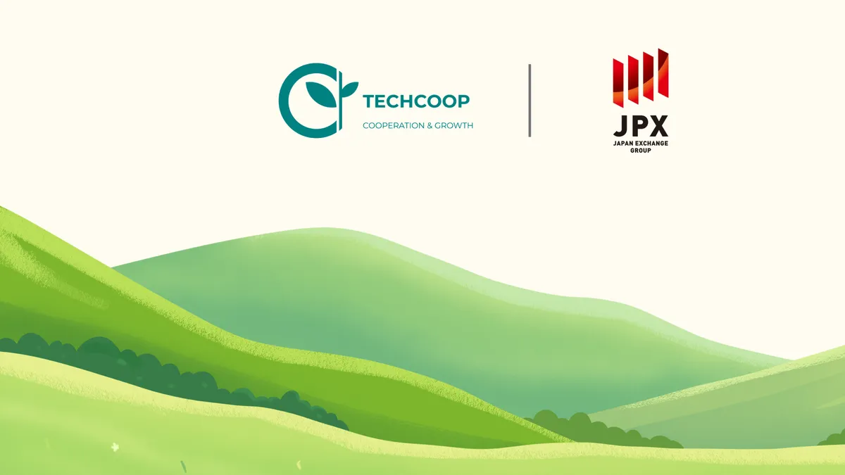 TechCoop and JPX (Japan Exchange Group) logos over a green hillside illustration