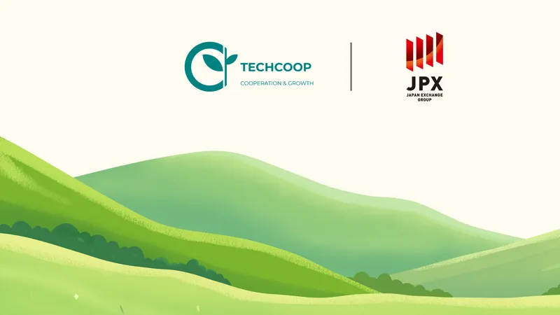 TechCoop and JPX (Japan Exchange Group) logos over a green hillside illustration